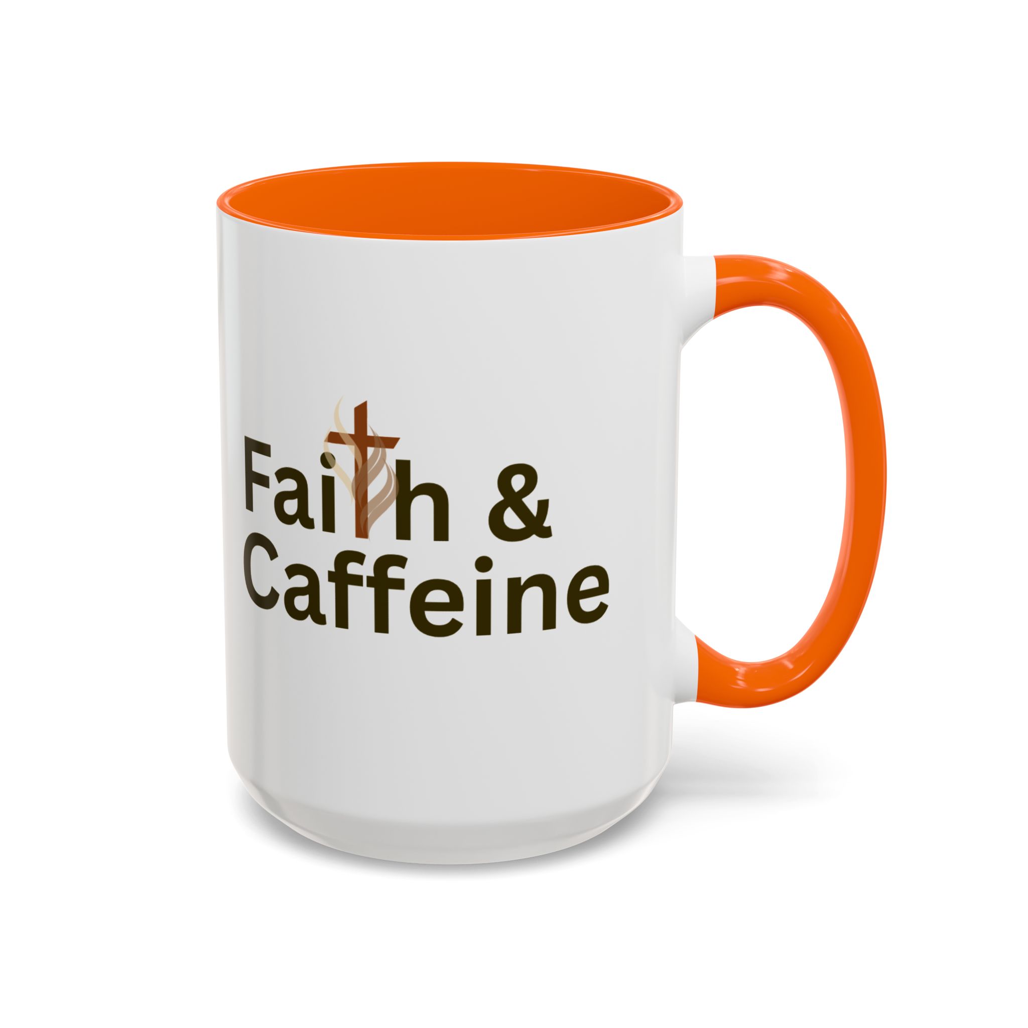 White Faith and Caffeine 15 oz mug with orange interior and handle