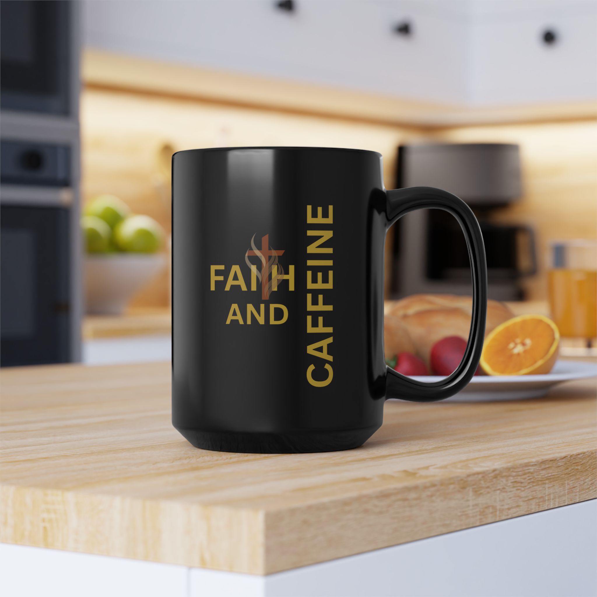 Black and gold Faith and Caffeine mug mockup on a kitchen counter