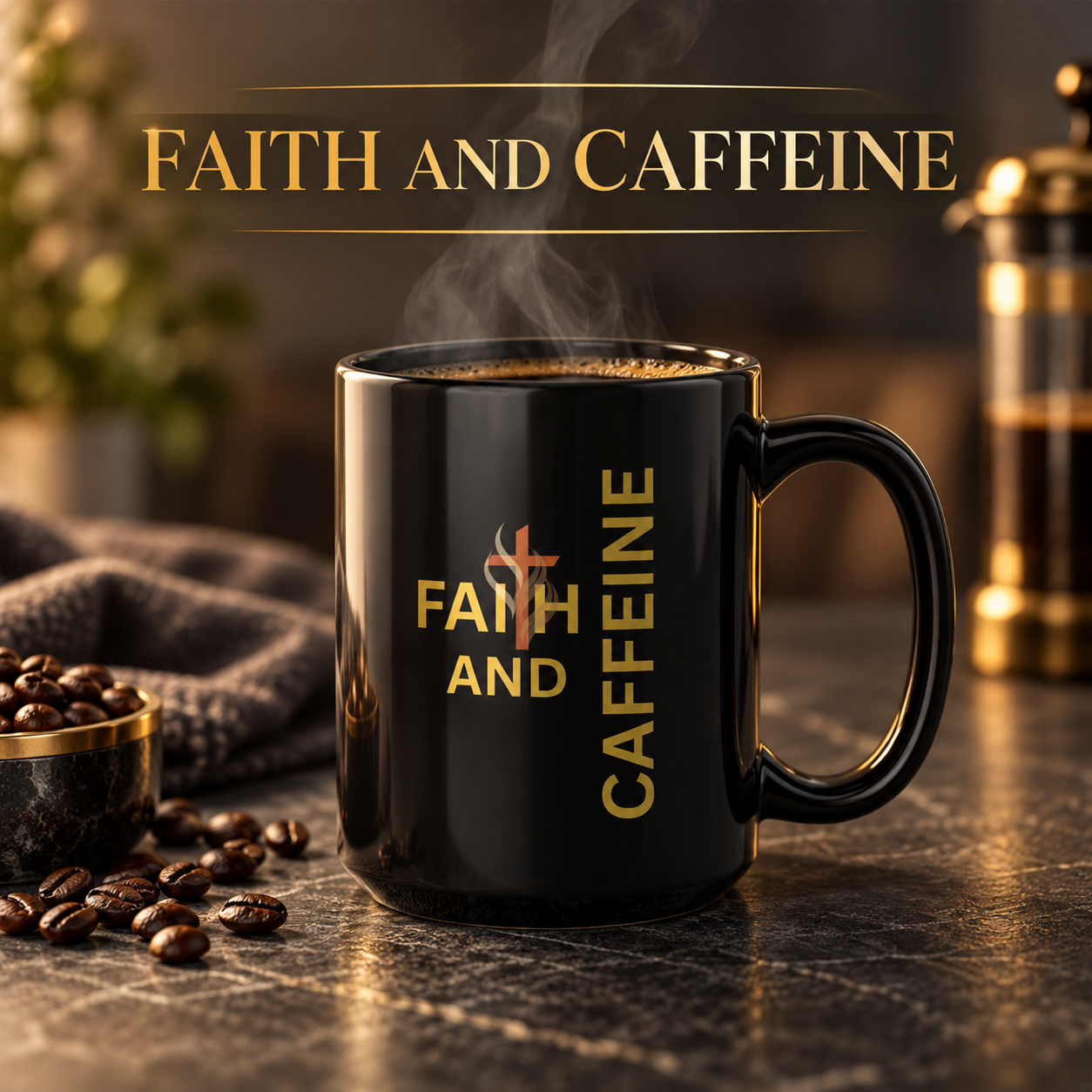 Black Faith and Caffeine mug with gold lettering